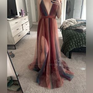 Luxxel Red and Blue Sheer Maxi Dress